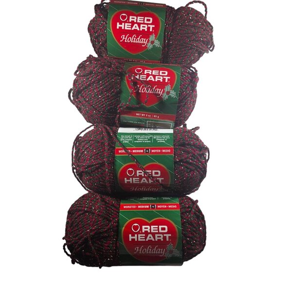 Red Heart Holiday Yarn Lot Of 4 Skeins Medium Weight Green Red Metallic craft - Picture 1 of 4